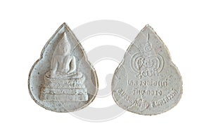 Amulets, Thai Buddha amulet, or votive tablet, made of metal or terracotta isolated on white background. The amulet is popular for