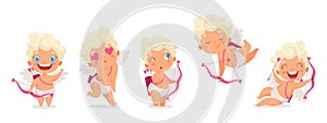 Amur babies. Funny cupid, little angels or god eros. Cute Greece kids with bow, heart hunters romantic vector characters photo