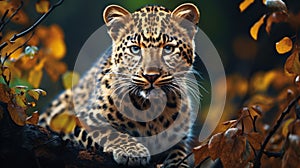 Amur leopard in autumn front view. Save Amur leopard Rare animal. Ai generated