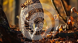 Amur leopard in natural habitat in autumn. Ai generated