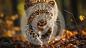 Amur leopard in natural habitat in autumn front view. Ai generated