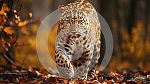 Amur leopard in natural habitat in forest. Dangerous animal. Ai generated