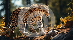 Amur leopard in nature in forest. Amur leopard rare animal. Ai generated