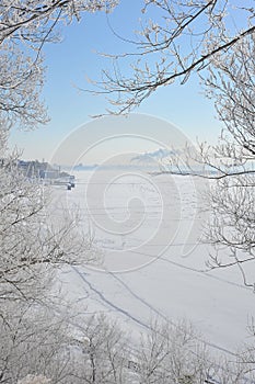 The Amur River covered with snow, Khabarovsk, Russia, the Far East.