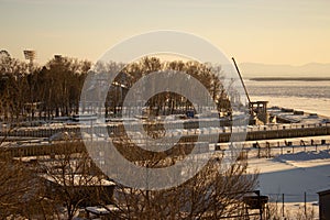 Amur river, view of the winter Amur, embankment.