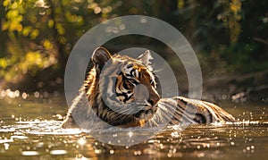 An Amur tiger bathing in a shallow stream