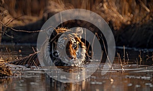 An Amur tiger bathing in a shallow stream