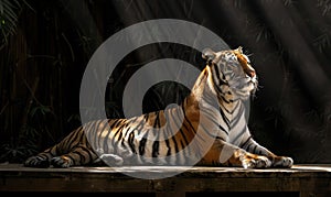 An Amur tiger posed on a platform under studio lights, black background