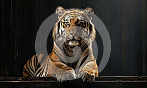 An Amur tiger posed on a platform under studio lights, black background