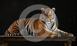 An Amur tiger posed on a platform under studio lights, black background