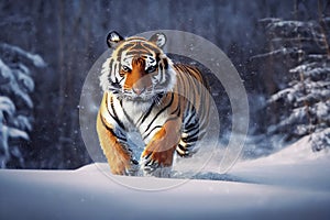 Endangered Amur tiger running in the cold winter snow in tajga, generative AI photo