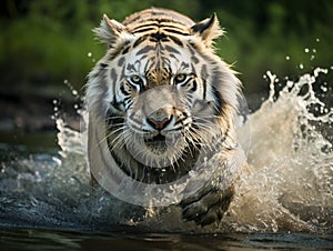 Amur tiger running in water. Danger animal tajga Russia. Animal in forest stream. Grey Stone river droplet