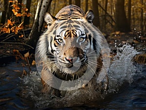 Amur tiger running in water. Danger animal tajga Russia. Animal in forest stream. Grey Stone river droplet
