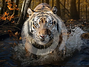 Amur tiger running in water. Danger animal tajga Russia. Animal in forest stream. Grey Stone river droplet photo