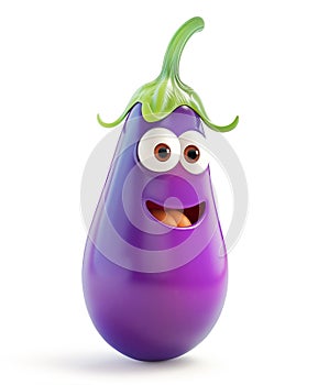 Amused eggplant character with raised eyebrow, on a white photo