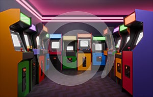 Amusement Arcade With Colorful Retro Arcade Machines