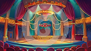 An amusement festival stage with bright illuminations, a red drapery curtain, and a sparkling golden podium for an