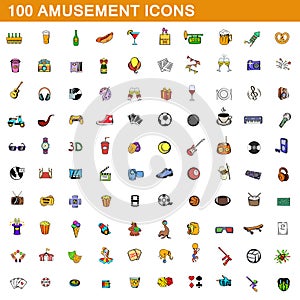 100 amusement icons set, cartoon style