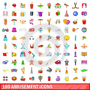 100 amusement icons set, cartoon style