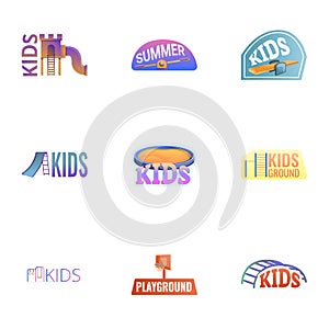 Amusement kids playground logo set, cartoon style