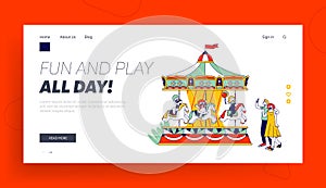 Amusement Kids Zone Website Landing Page. Happy Children Riding Merry-go-Round Entertainment Carousel in Park