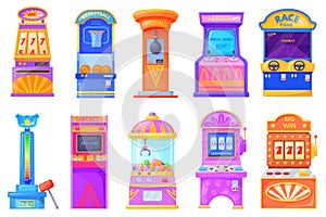 Amusement machines. Cartoon game machine kids center attraction carnival park, retro arcade battle video games boxing