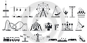 Amusement park attraction. Carousel, ride on wheel and roller coaster. Circus and fair icons, carnival or city festival