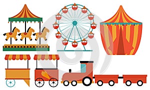 Amusement park attractions. carnival kids carousel, ferris wheel attraction and amusing fairground entertainments illustration