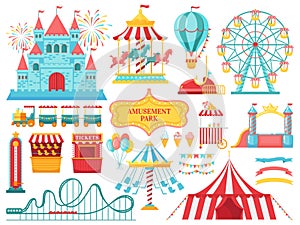 Amusement park attractions. Carnival kids carousel, ferris wheel attraction and amusing fairground entertainments vector