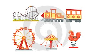 Amusement Park Attractions Collection, Funfair, Carnival, Circus Design Elements with Carousels, Roller Coaster, Train