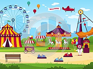 Amusement park. Attractions entertainment joyful amuse carnival fun circus carousel game funfair landscape background