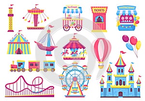 Amusement park attractions, fairground rides, carnival elements. Cartoon circus tent, carousel, rollercoaster, funfair