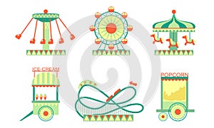 Amusement Park Attractions Icons Set, Roller Coaster, Ferris Wheel, Ice Cream and Popcorn Carts Vector Illustration