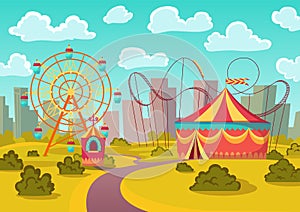 Amusement park attractions with merry-go-round horseabout carousel, observation wheel and roller coaster amusement rides