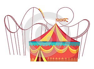 Amusement park attractions with roller coaster amusement rides and round circus tent. Vector illustration on white