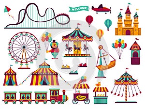 Amusement park attractions set. Carnival amuse kids carousels games fairground attraction play rollercoaster