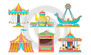 Amusement Park Attractions Set, Carousels, Circus Tent, Ticket Booth Vector Illustration