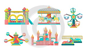 Amusement Park Attractions Set, Inflatable Trampoline, Castle, Carousels Vector Illustration