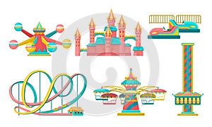 Amusement Park Attractions Set, Rollercoaster, Castle, Carousels Vector Illustration