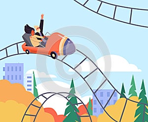Amusement park backdrop with people riding roller coaster, vector illustration.