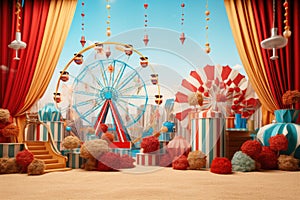 Amusement park background. 3d rendering, 3d illustration. A carnival-themed background with vivid colors, popcorn, and ferris