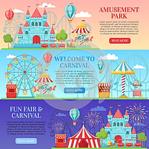 Amusement park banner. Amusing festival attractions, kids carousel and ferris wheel attraction banners background vector