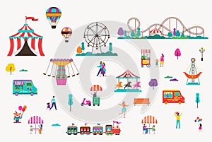 Amusement park with carousels, air balloons and roller coaster. Circus, Fun fair and Carnival icon set