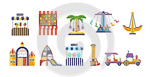 Amusement park with carousels set. Childish entertainment equipment Circus, Fun fair and Carnival