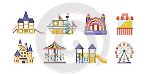 Amusement park with carousels set. Childish entertainment equipment Circus, Fun fair and Carnival