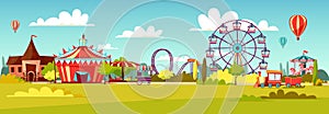 Amusement park cartoon illustration of attractions coaster rides, circus merry-go-round carousels and observation wheel