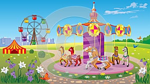 Amusement Park for children, with the carousel with horses