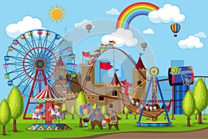 Amusement park with children on rides