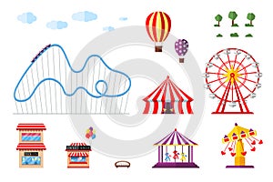 Amusement park with circus carousels roller coaster and attractions icon set. Fun fair and carnival theme objects