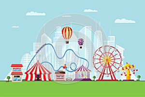 Amusement park with circus carousels roller coaster and attractions on modern city background. Fun fair and carnival